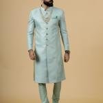 Stunning Sea Foam Banarasi Brocade Achkan for Men | Father-Son Combo | Pastel Sherwani | Grooms & Weddings | Jaipurio